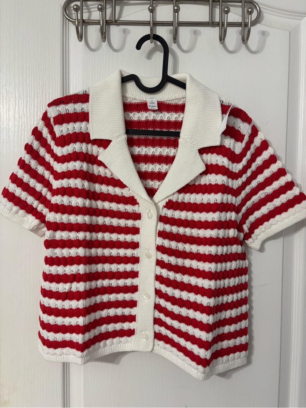 Old Navy Red & White Striped Short-Sleeve Knit Cardigan Sweater